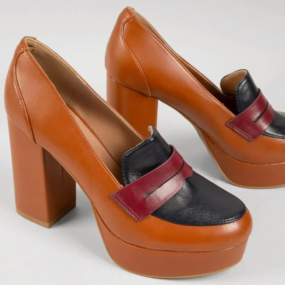 New Tan Platform Penny Loafers Chunky Heels